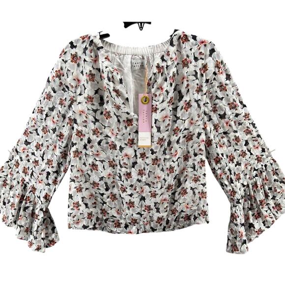 NWT Tanya Taylor Shirt Womens XS Ivory Harper Floral Bell-Sleeve Silk Blend Top‎ - Picture 1 of 12